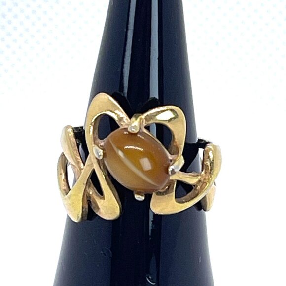 Tiger Eye VTG Art Nouveau 18KT HGE Gold Plate Ring Abstract MCM Retro Size 6.25 - Picture 11 of 11